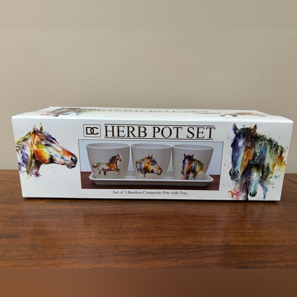 New in Box Set of Three Horse Themed Herb Pots with Tray.